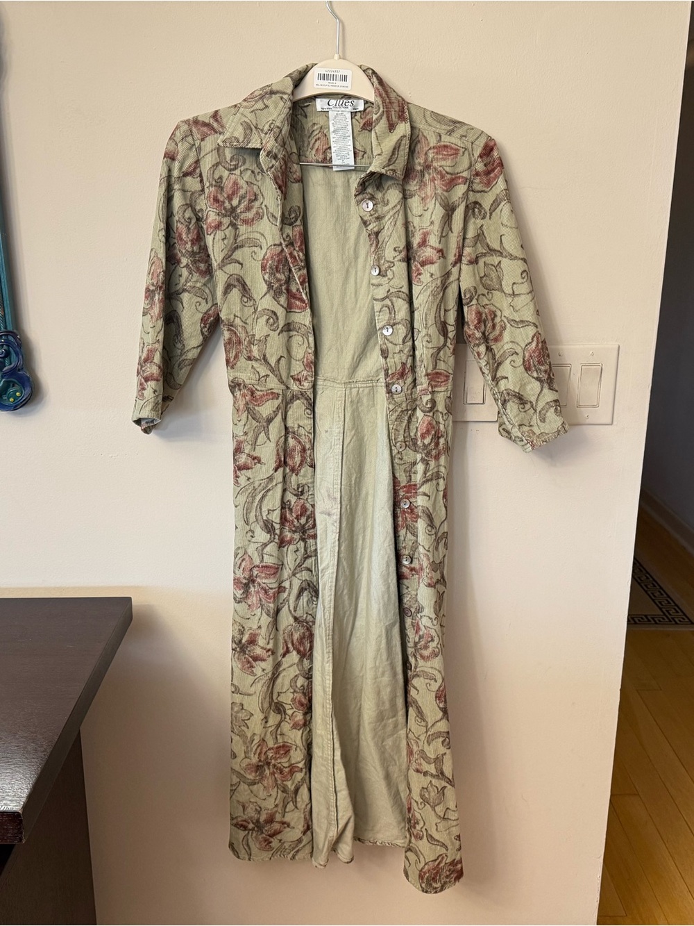 100% cotton Floral Button-Front Long Coat in Sage and Dusty Rose